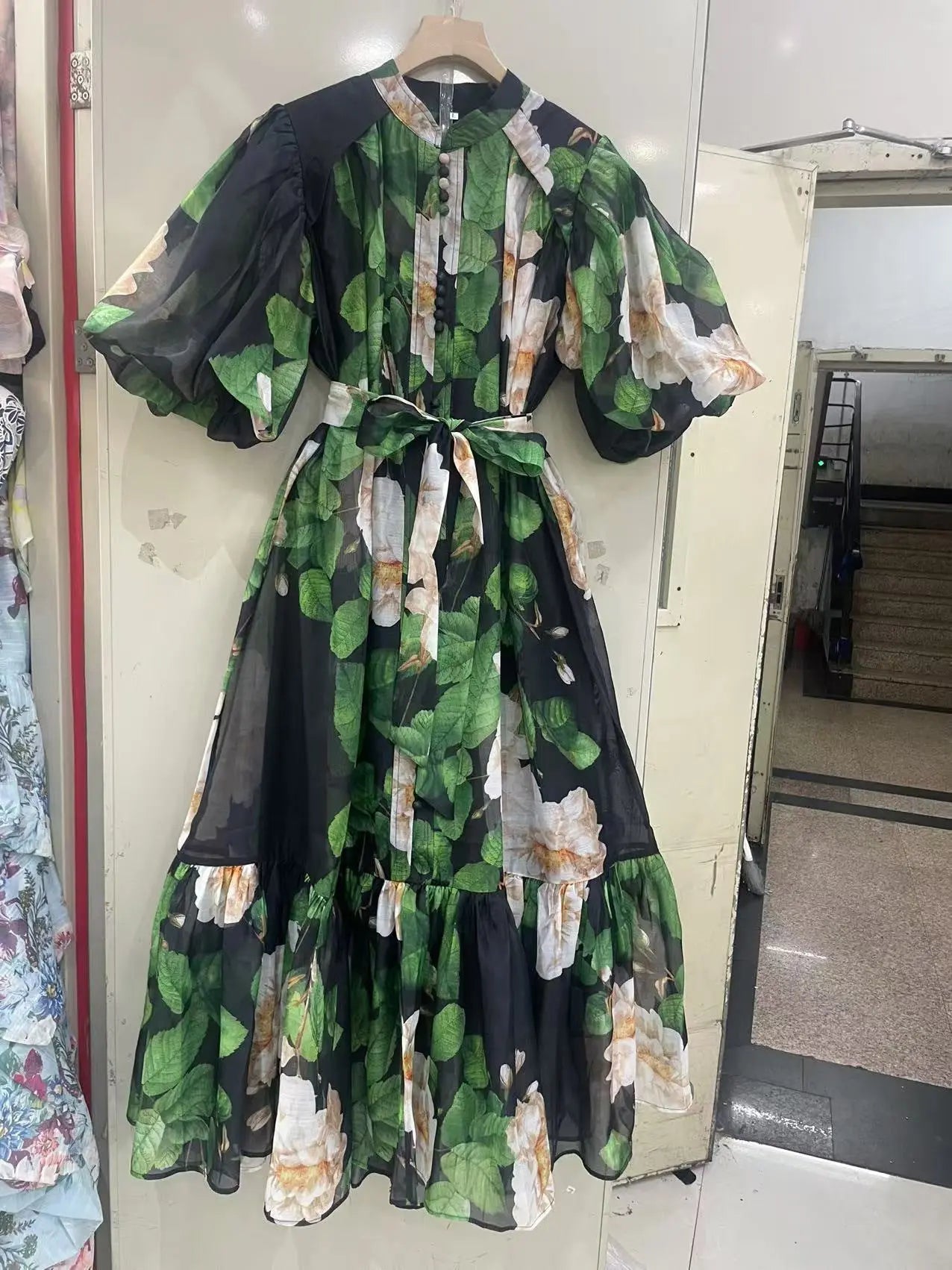 Bubble Sleeve Single-breasted Retro Printed Dress null