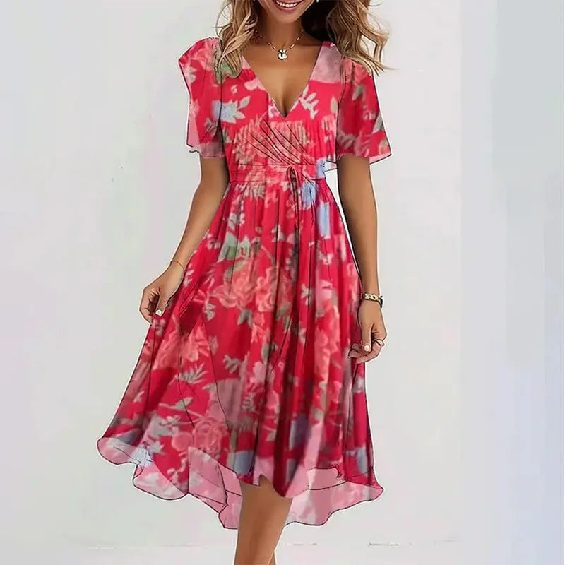 Flowers Printed V-neck Dress Summer A-line Short-sleeved Dresses For Women null