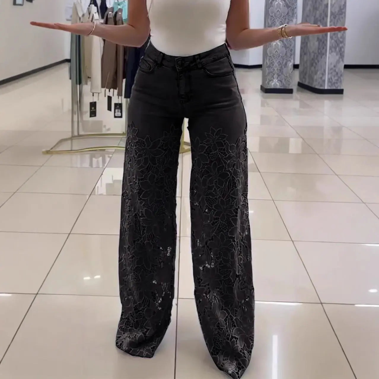 Y2K Lace Flowers Hollow Jeans Fashion High Waist Straight Wide Leg Pants Solid Color Trousers Women's Clothing null
