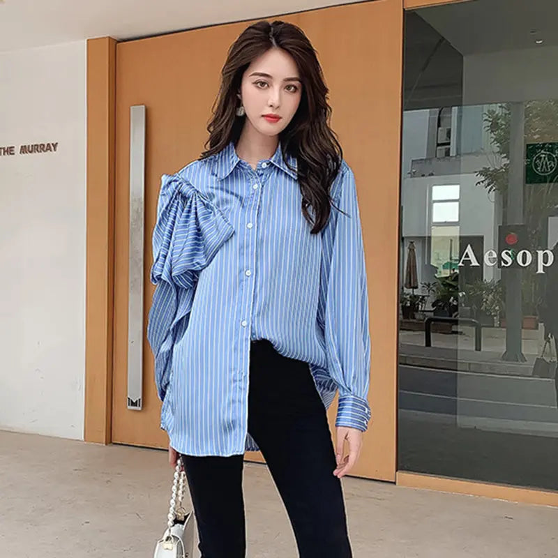 Casual Blue Striped Shirts For Women Lapel Long Sleeve Korean Bowknot Patchwork Blouses null