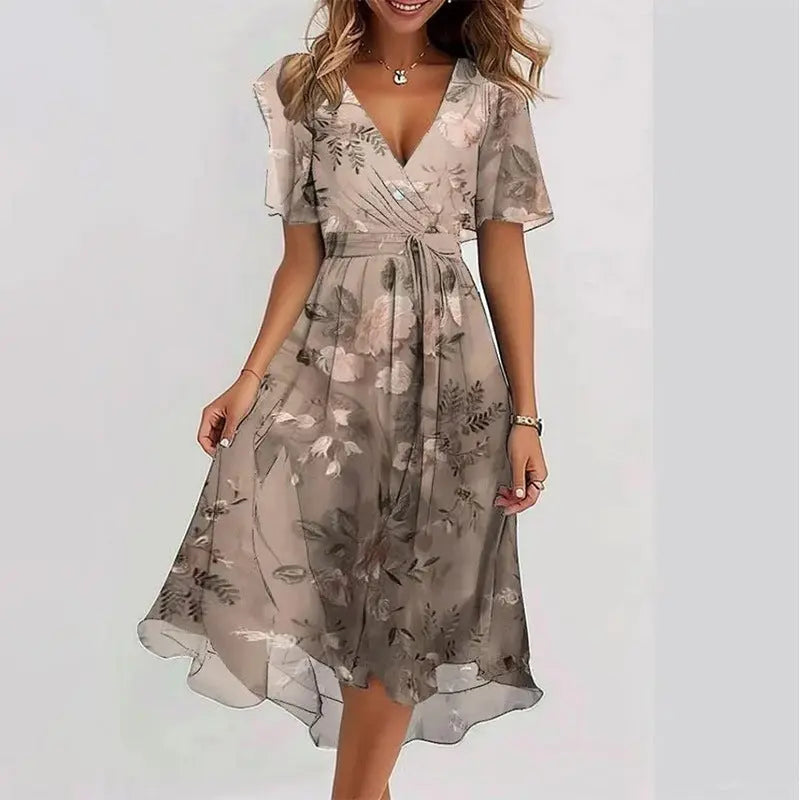 Flowers Printed V-neck Dress Summer A-line Short-sleeved Dresses For Women null