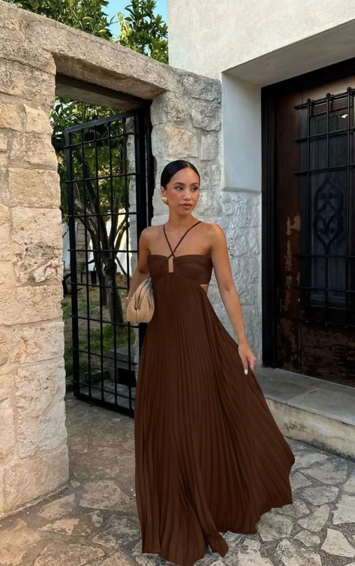 Ins Pleated Sleeveless Sling Dress Hollow High Waist Halter Robe Dresses For Evening Party Club Clothing Women null