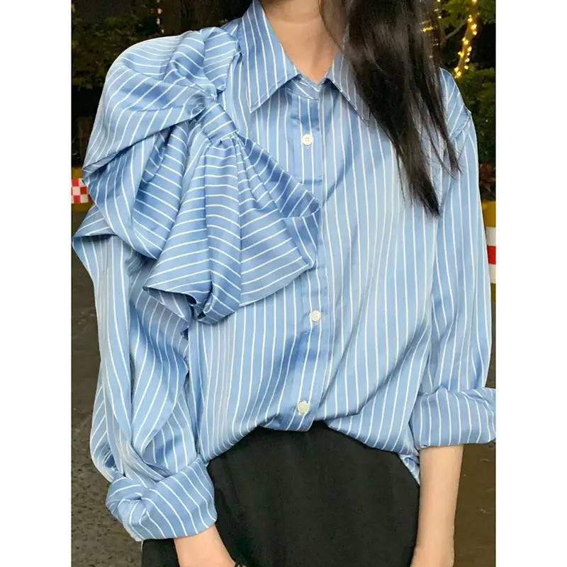 Casual Blue Striped Shirts For Women Lapel Long Sleeve Korean Bowknot Patchwork Blouses null