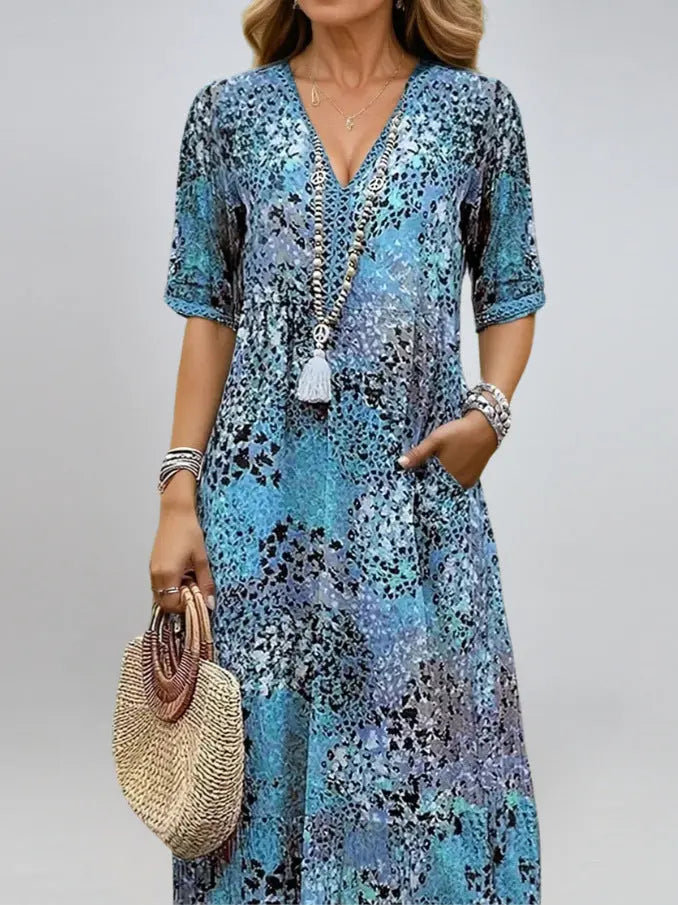 Summer V-neck Half-sleeved Dress With Pockets Fashion Ethnic Print Dresses Beach Holiday Clothing For Women - Nadastore