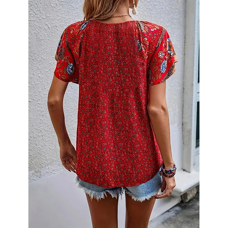 Women's Casual Short Sleeve Shirts Summer Boho Printed V Neck Drawstring Tunic Blouses null