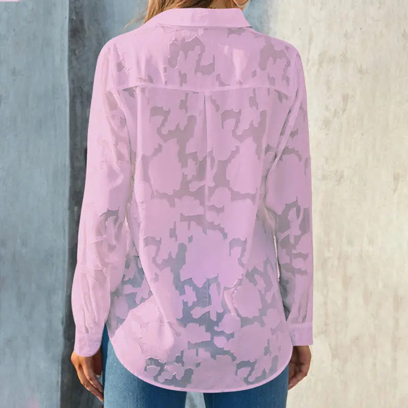 Womens Casual Sheer Button Down Shirts Long Sleeve V Neck Jacquard Blouses Tops null