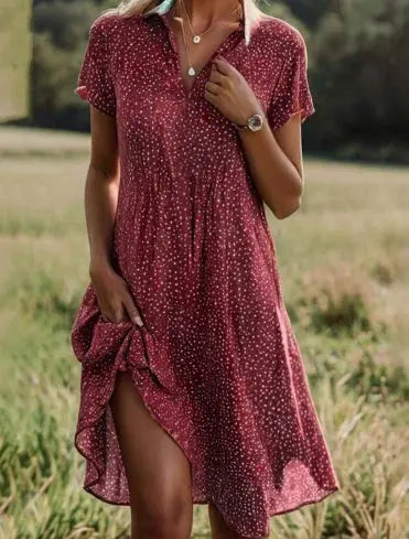 Summer Polka Dot Print Dress Fashion Casual V-Neck Short Sleeve Dresses Beach Daily Clothing For Women - Nadastore