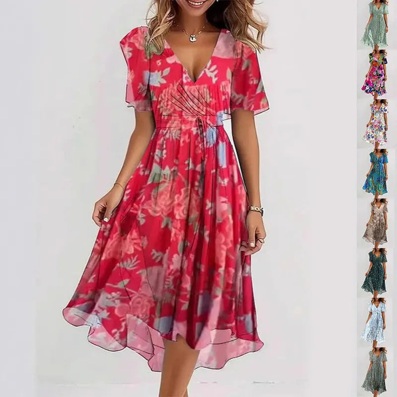 Flowers Printed V-neck Dress Summer A-line Short-sleeved Dresses For Women null