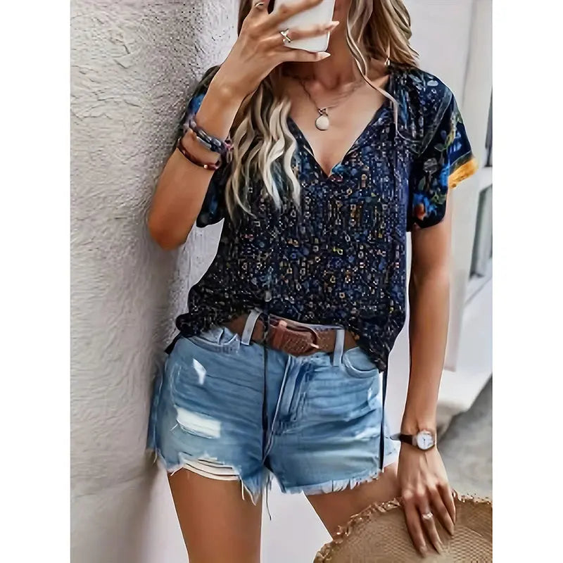 Women's Casual Short Sleeve Shirts Summer Boho Printed V Neck Drawstring Tunic Blouses null