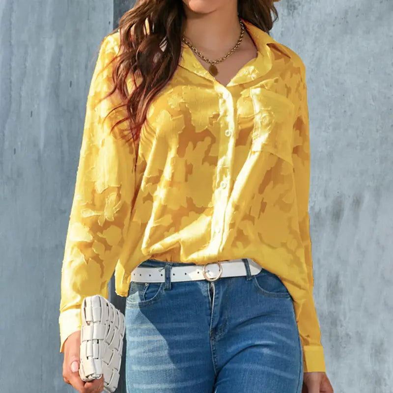 Womens Casual Sheer Button Down Shirts Long Sleeve V Neck Jacquard Blouses Tops null