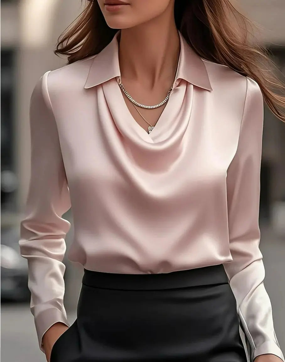 Women's Swing Collar Draped Shirts & Blouses Elegant Solid Satin Office Ladies Top null