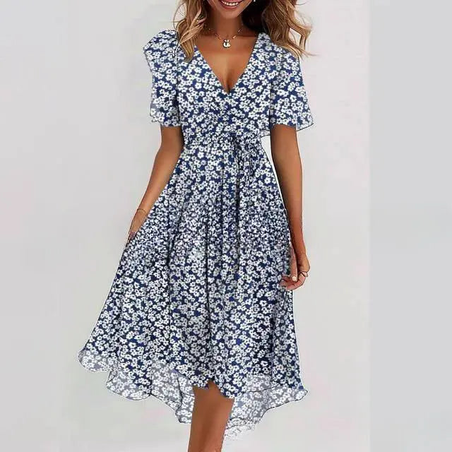 Flowers Printed V-neck Dress Summer A-line Short-sleeved Dresses For Women null