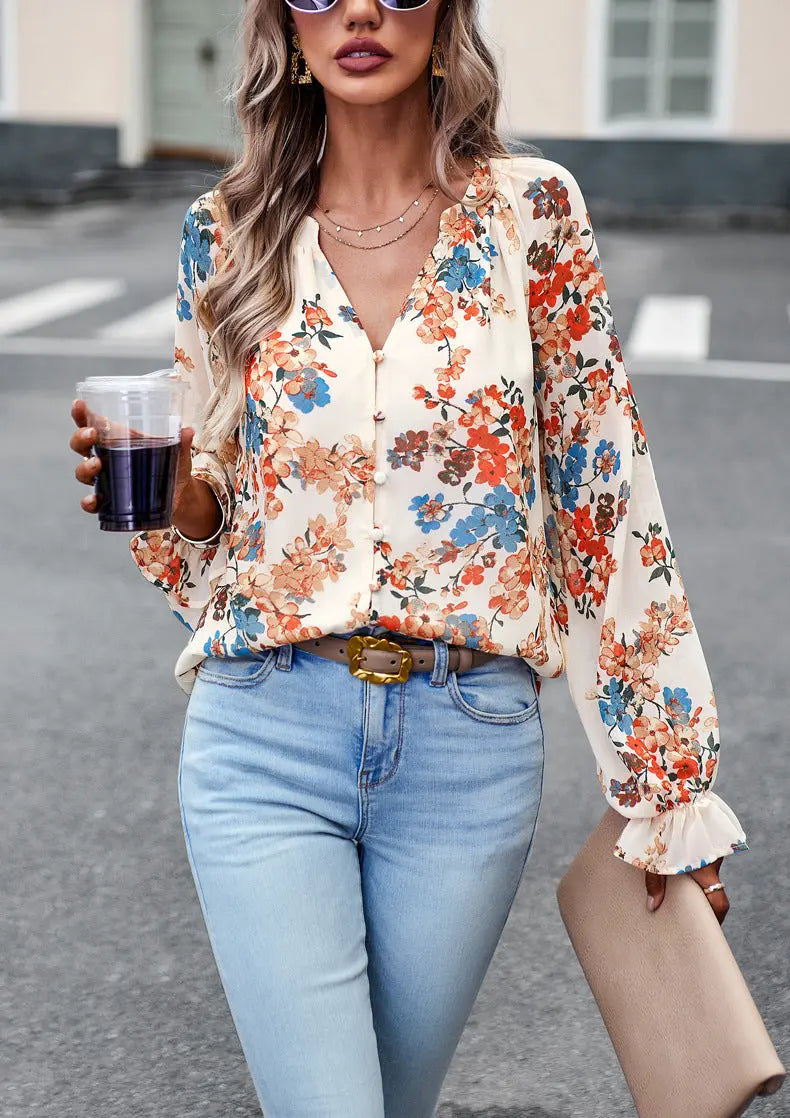 Women's Tops Casual Floral Print V Neck Long Sleeve Shirts Loose Chiffon Blouses Shirts Tops null