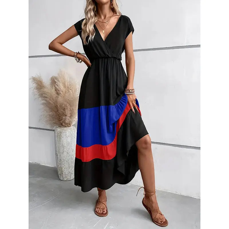 Women's Color Block Maxi Dresses V Neck Sleeveless Tiered Casual Dresses Loose Sundress null