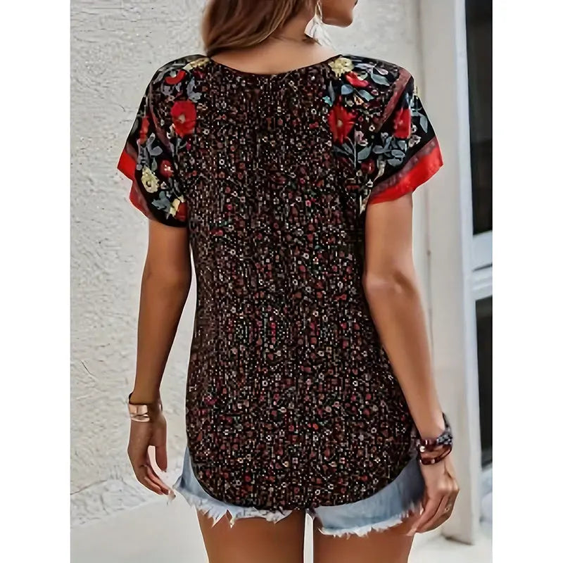 Women's Casual Short Sleeve Shirts Summer Boho Printed V Neck Drawstring Tunic Blouses null