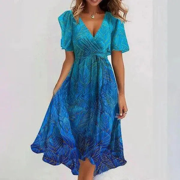 Flowers Printed V-neck Dress Summer A-line Short-sleeved Dresses For Women null