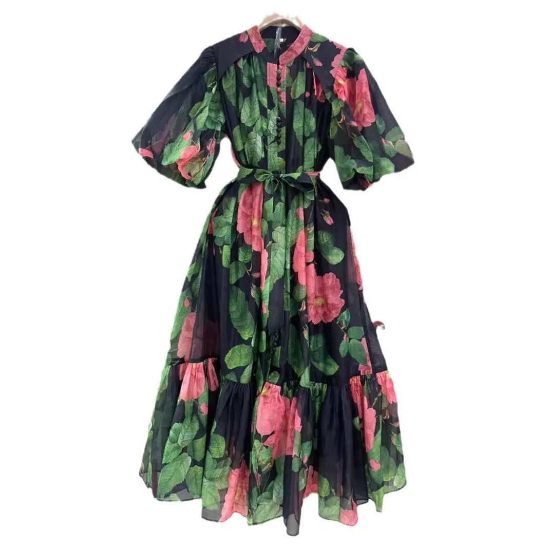 Bubble Sleeve Single-breasted Retro Printed Dress null