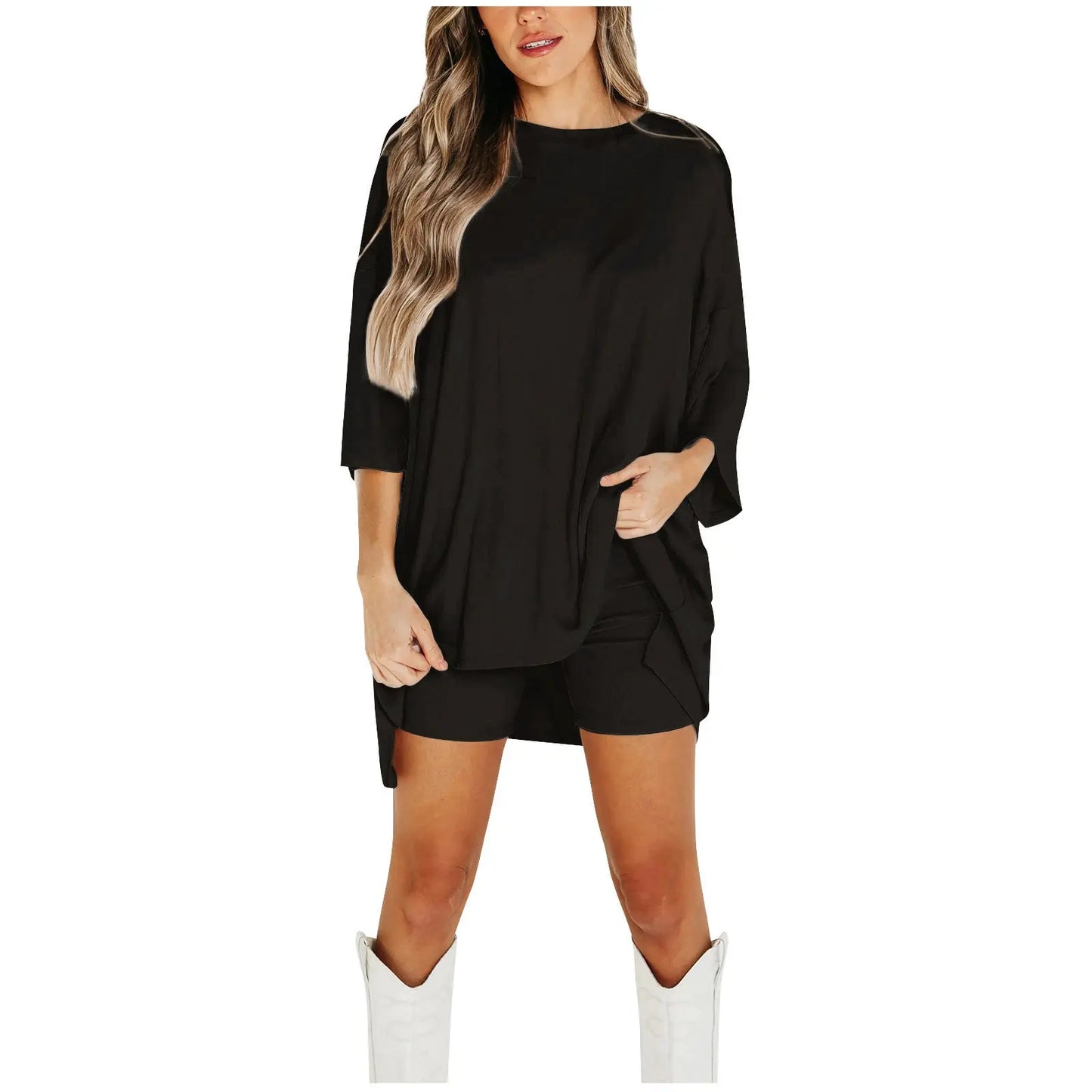 Summer Shorts Suit Fashion Loose Short-sleeved T-shirt And Slim Tight Pants Women's Clothing - Nadastore Summer Shorts Suit Fashion Loose Short-sleeved T-shirt And Slim Tight Pants Women's Clothing
