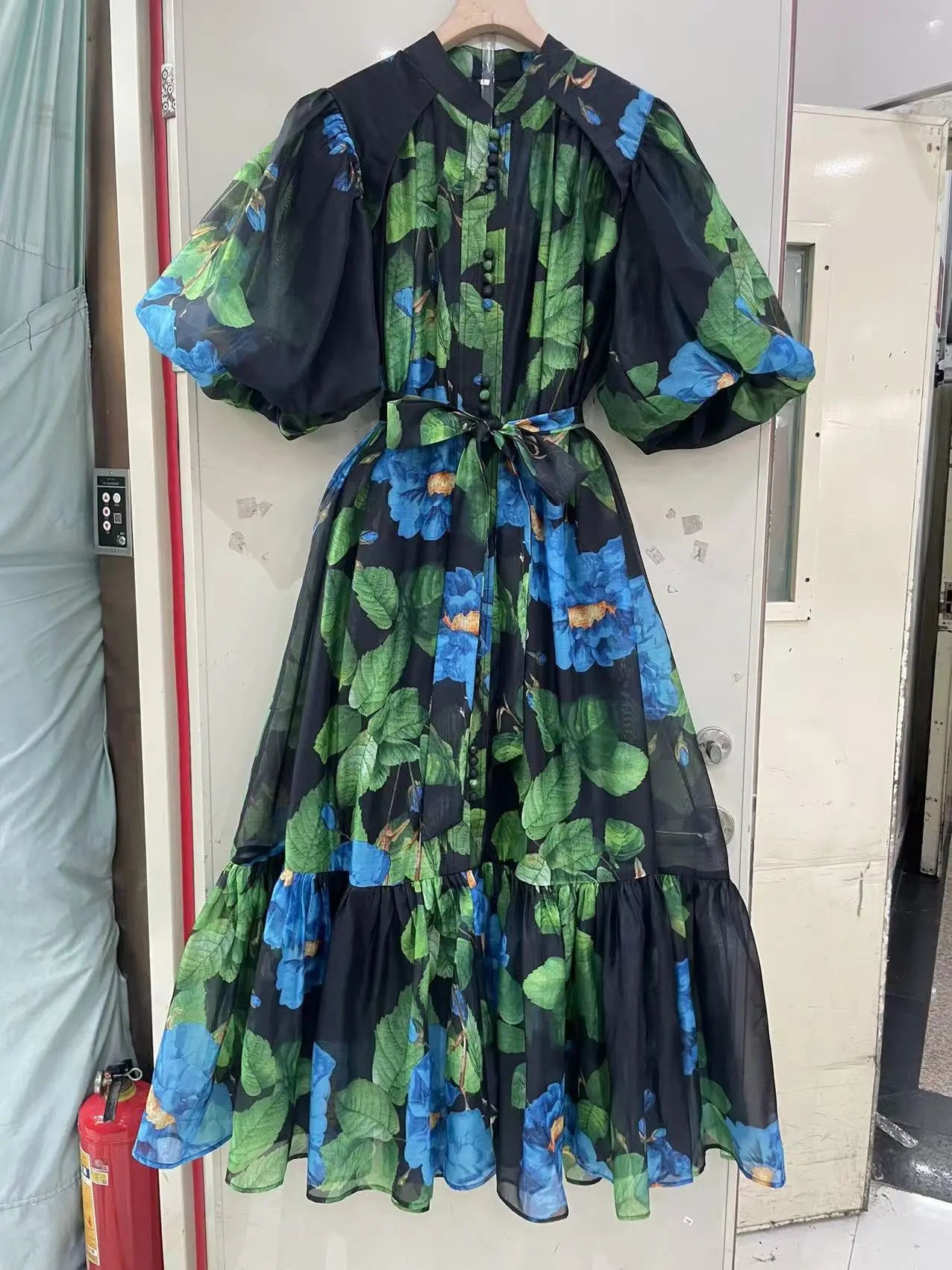 Bubble Sleeve Single-breasted Retro Printed Dress null