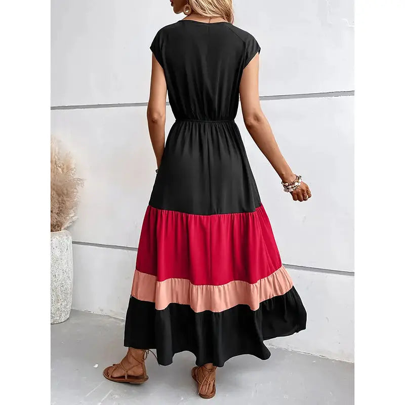 Women's Color Block Maxi Dresses V Neck Sleeveless Tiered Casual Dresses Loose Sundress null