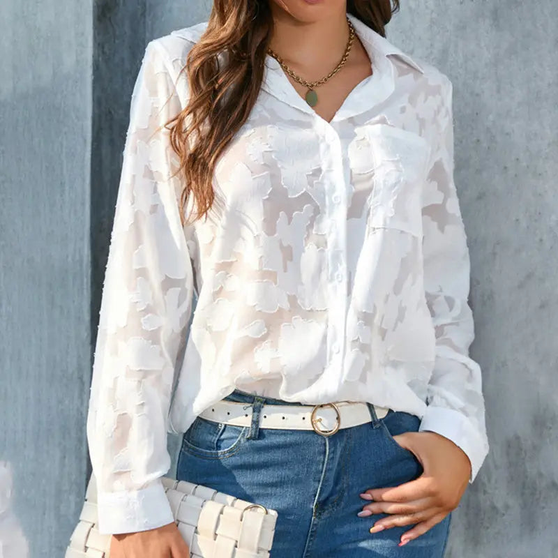 Womens Casual Sheer Button Down Shirts Long Sleeve V Neck Jacquard Blouses Tops null