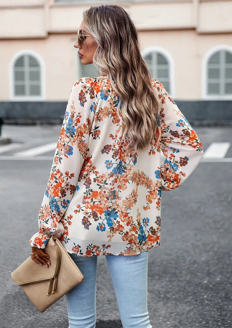 Women's Tops Casual Floral Print V Neck Long Sleeve Shirts Loose Chiffon Blouses Shirts Tops null