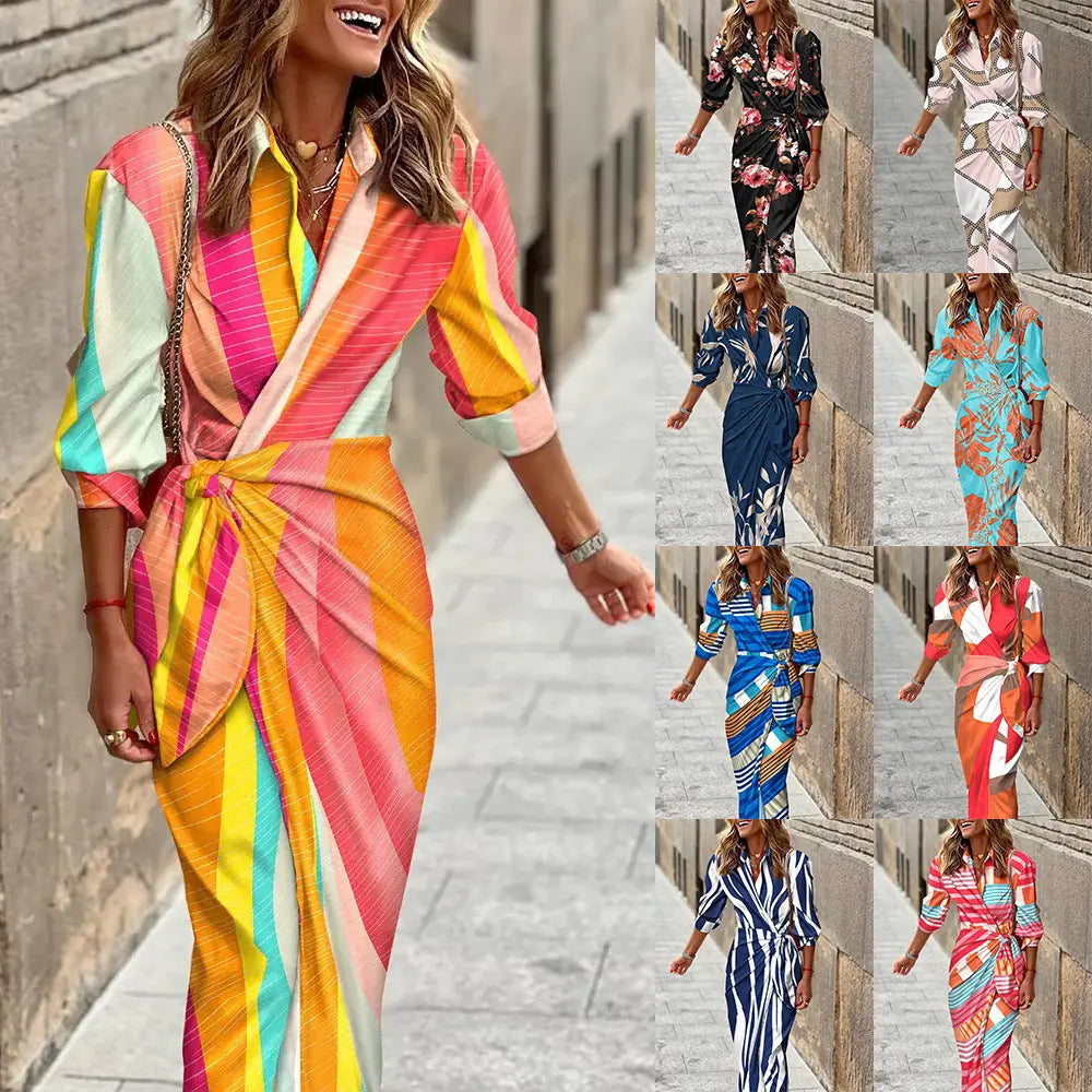 Fashion Printed Shirt Dress With Belt Slim Fit Three-quarter Sleeve Lapel Dress For Women Clothing - Nadastore Fashion Printed Shirt Dress With Belt Slim Fit Three-quarter Sleeve Lapel Dress For Women Clothing