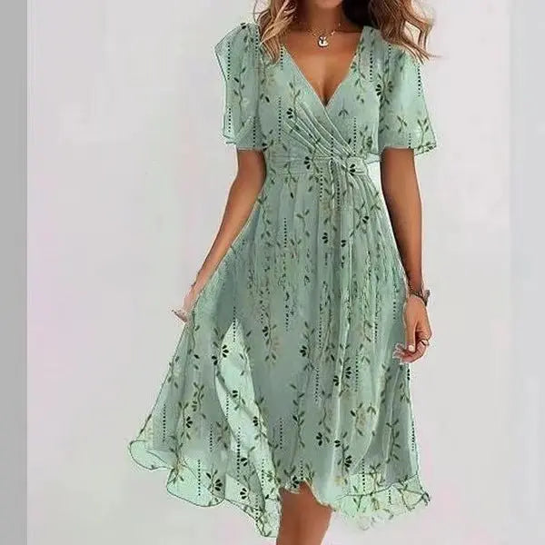 Flowers Printed V-neck Dress Summer A-line Short-sleeved Dresses For Women null