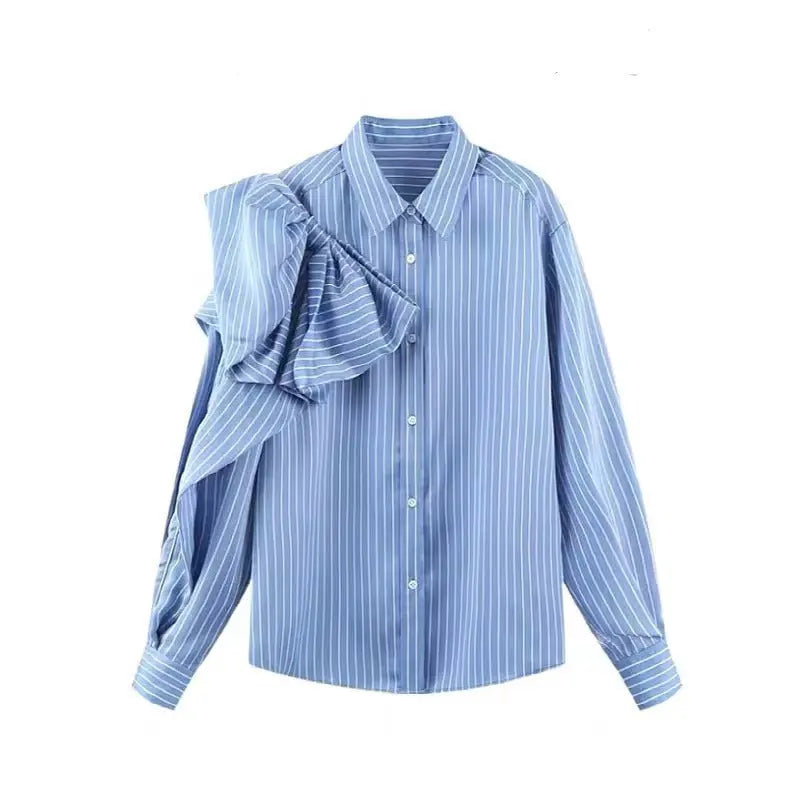 Casual Blue Striped Shirts For Women Lapel Long Sleeve Korean Bowknot Patchwork Blouses null
