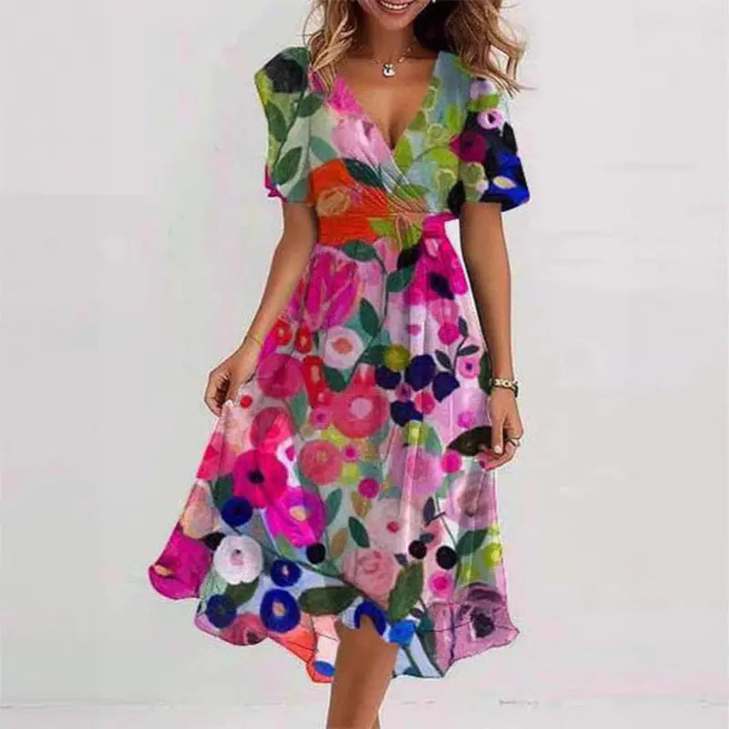 Flowers Printed V-neck Dress Summer A-line Short-sleeved Dresses For Women null