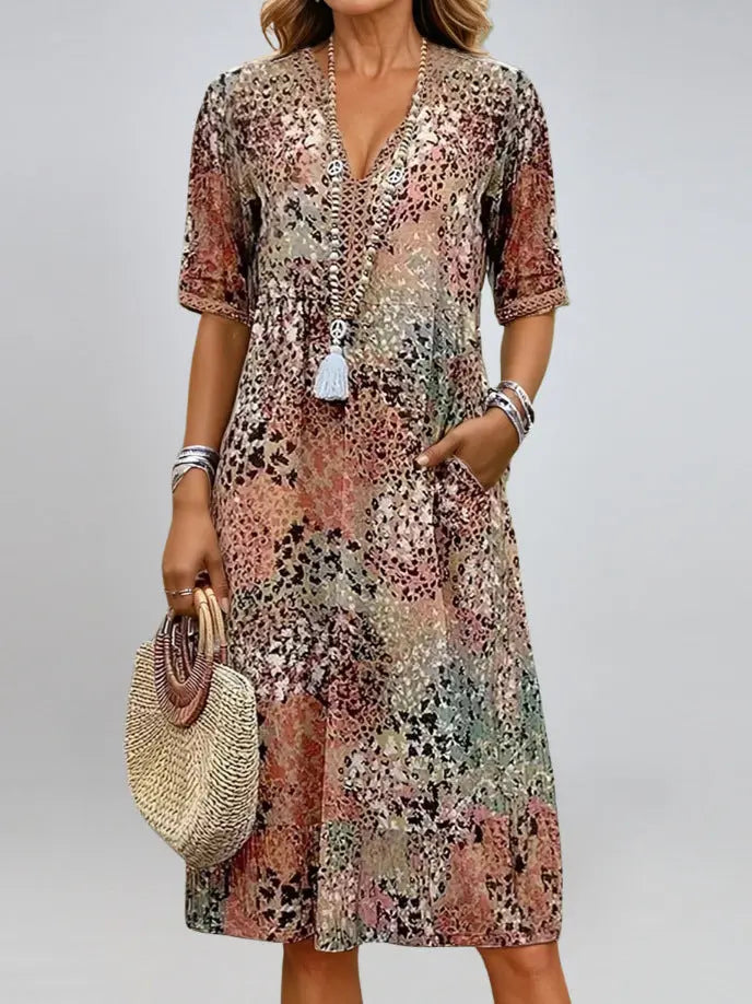 Summer V-neck Half-sleeved Dress With Pockets Fashion Ethnic Print Dresses Beach Holiday Clothing For Women - Nadastore