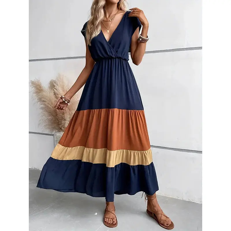 Women's Color Block Maxi Dresses V Neck Sleeveless Tiered Casual Dresses Loose Sundress null
