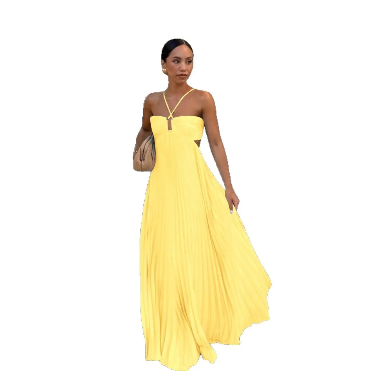 Ins Pleated Sleeveless Sling Dress Hollow High Waist Halter Robe Dresses For Evening Party Club Clothing Women null