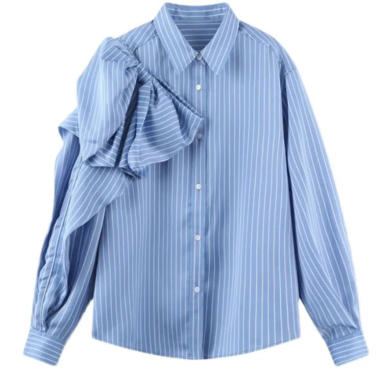 Casual Blue Striped Shirts For Women Lapel Long Sleeve Korean Bowknot Patchwork Blouses null