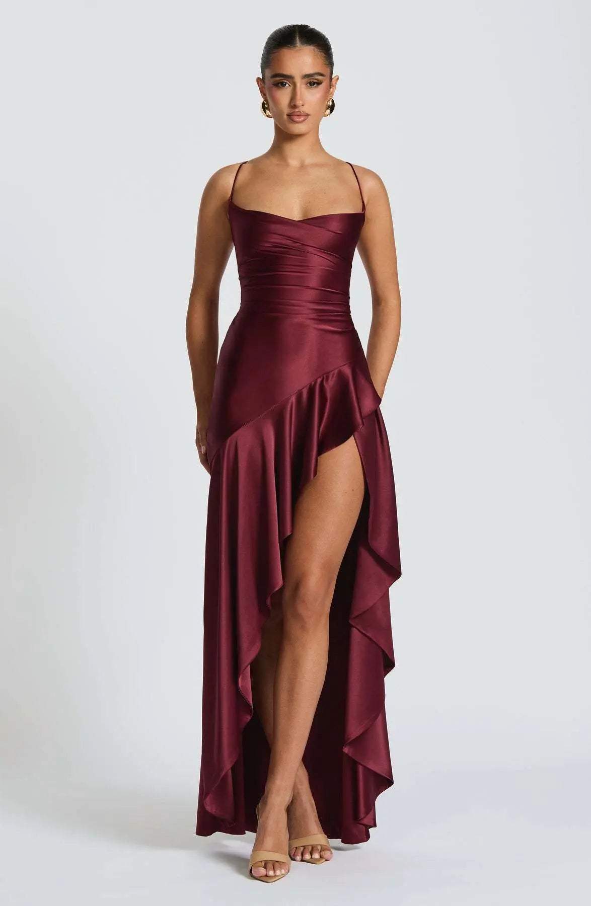 Women's Backless Ruffles Irregular Dress Summer Fashion Evening Party Club Split Suspender Maxi Dresses Clothing - Nadastore