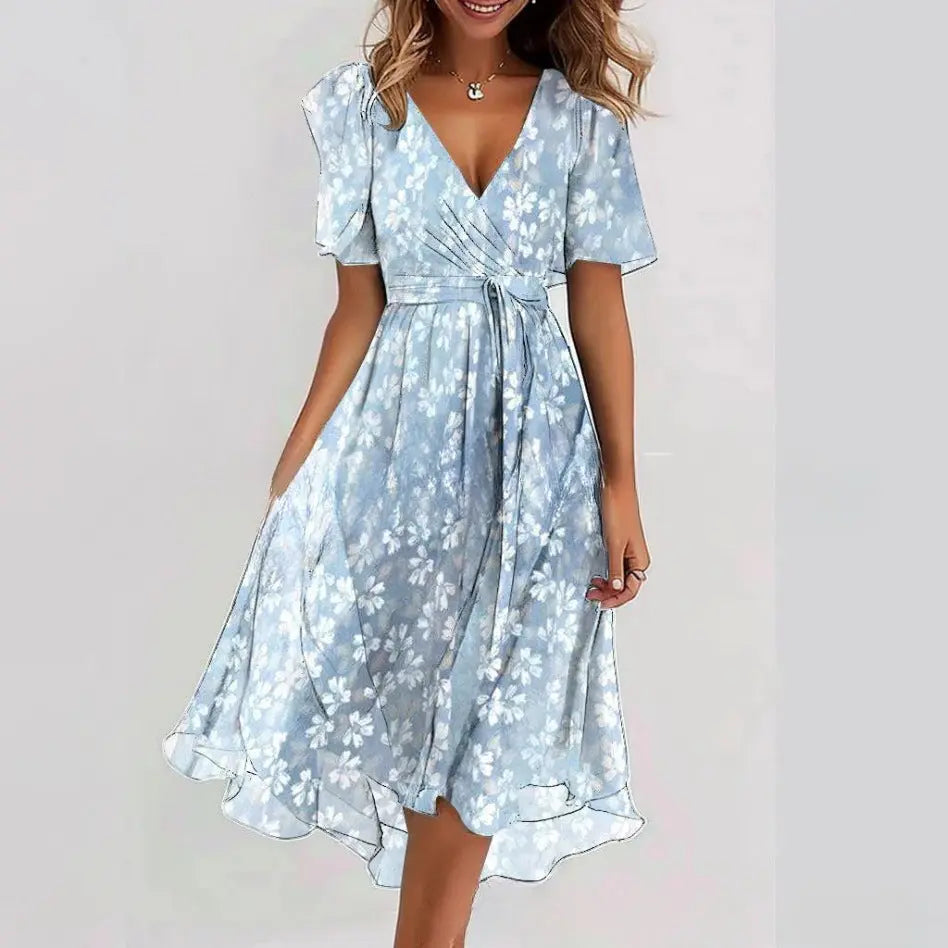 Flowers Printed V-neck Dress Summer A-line Short-sleeved Dresses For Women null