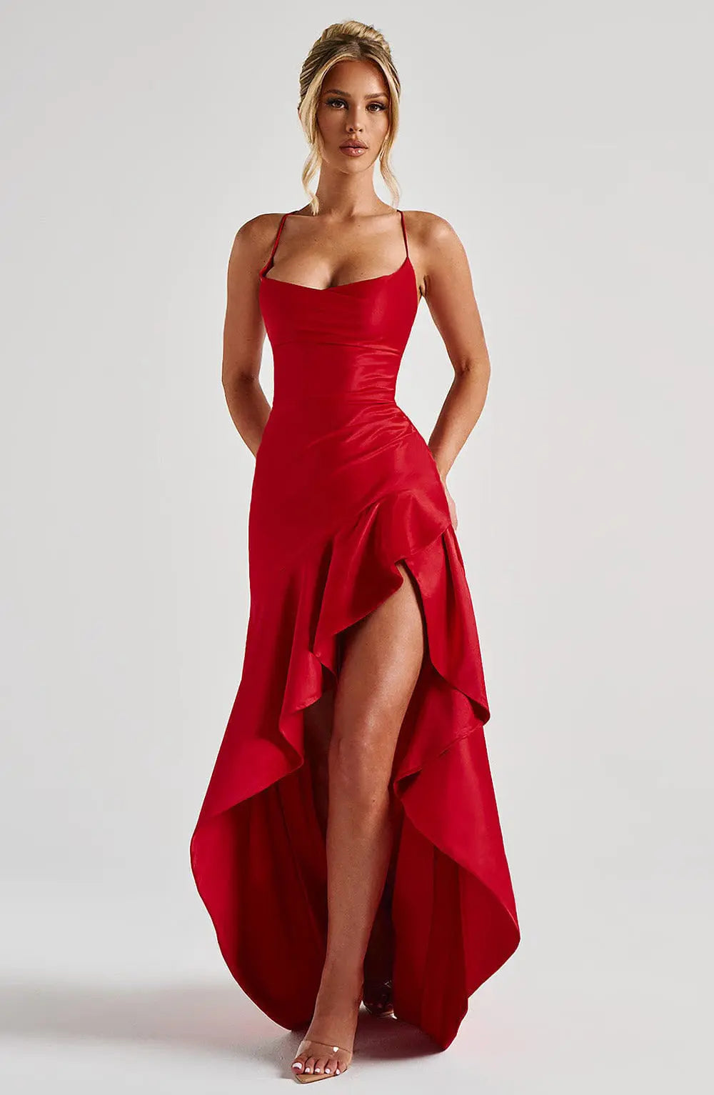 Women's Backless Ruffles Irregular Dress Summer Fashion Evening Party Club Split Suspender Maxi Dresses Clothing - Nadastore