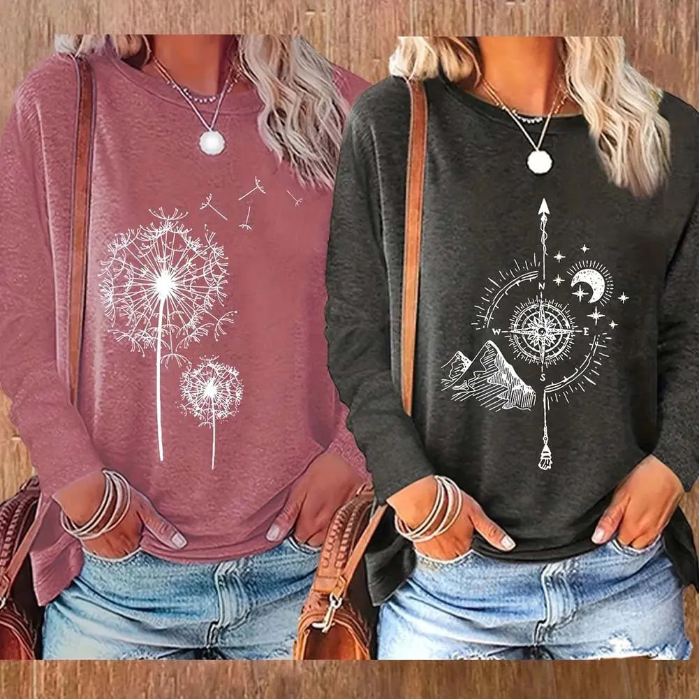 Flowers Graphic Long Sleeve Tees Shirts For Women null