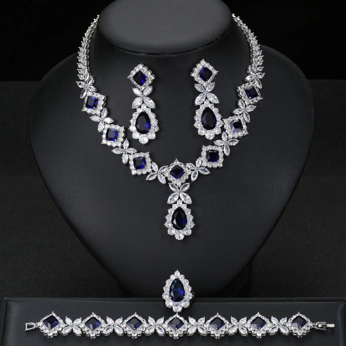 European And American Luxury Zircon Necklace Earring Bracelet Ring Suit null