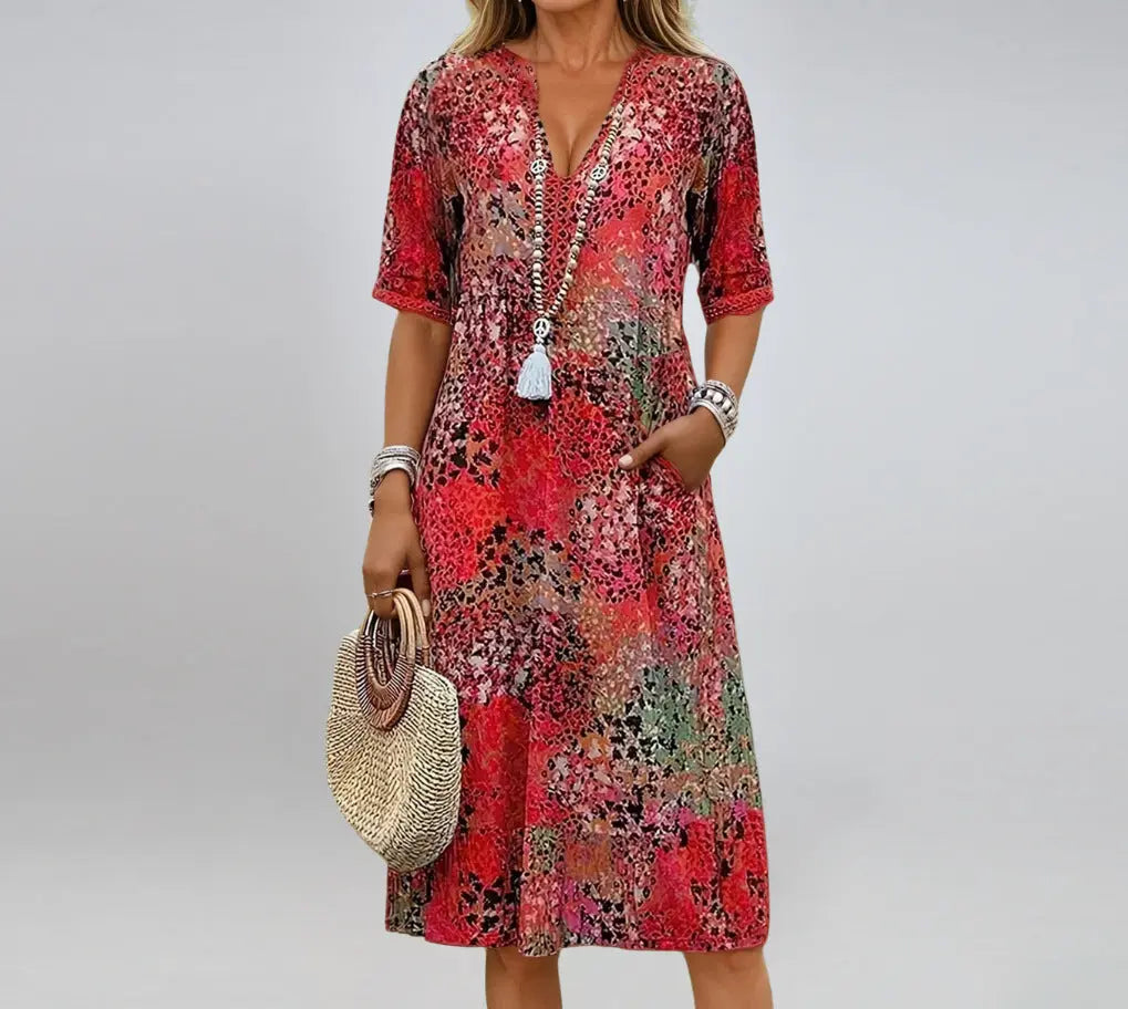 Summer V-neck Half-sleeved Dress With Pockets Fashion Ethnic Print Dresses Beach Holiday Clothing For Women - Nadastore