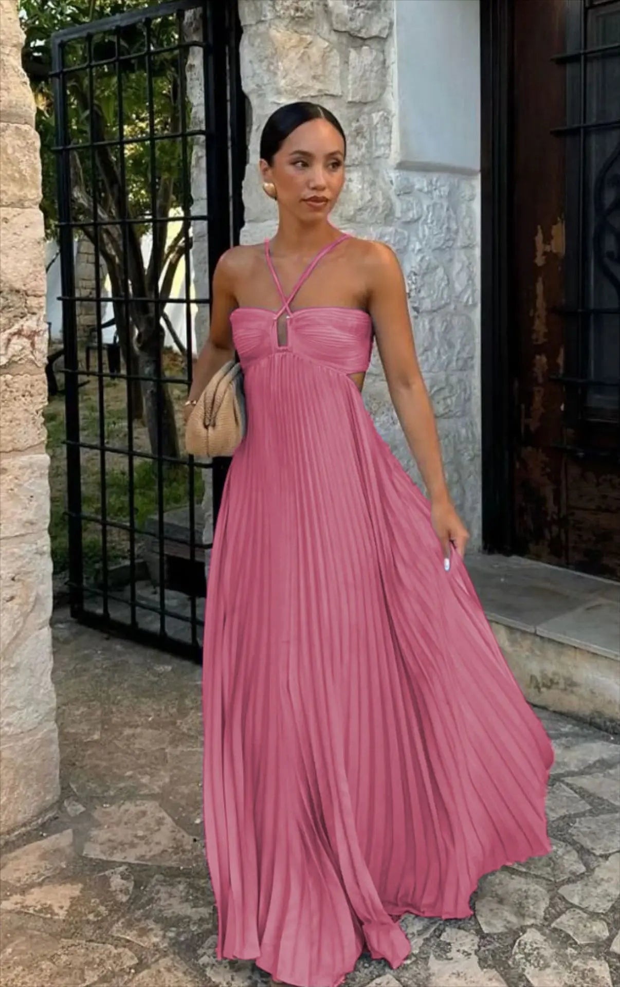 Ins Pleated Sleeveless Sling Dress Hollow High Waist Halter Robe Dresses For Evening Party Club Clothing Women null