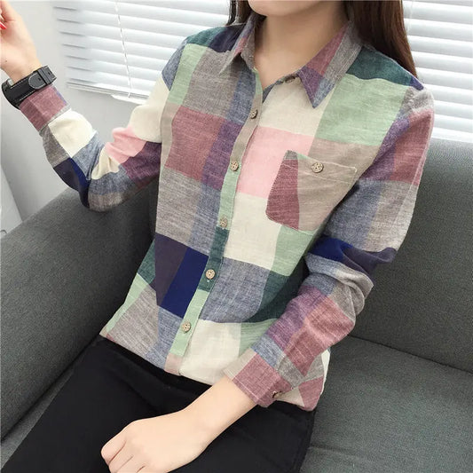 asual Plaid Women Blouses Kimono Vintage Linen Cotton Long Sleeve Blouse Female Shirts Tops null