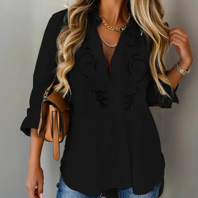 Women's Contrast Lace Long Sleeve Tops Button Down Shirts Dressy Casual Blouses Fall Fashion Clothes null