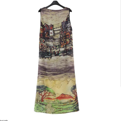 Summer New Female Chiffon Dress Retro House Pattern Sleeveless Split Beach Long Skirt null