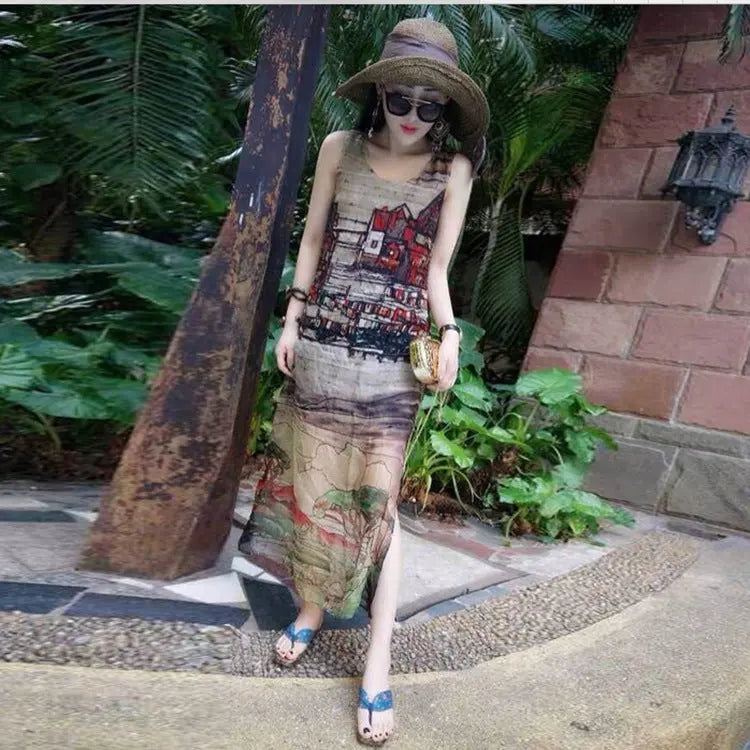 Summer New Female Chiffon Dress Retro House Pattern Sleeveless Split Beach Long Skirt null