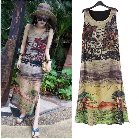 Summer New Female Chiffon Dress Retro House Pattern Sleeveless Split Beach Long Skirt null