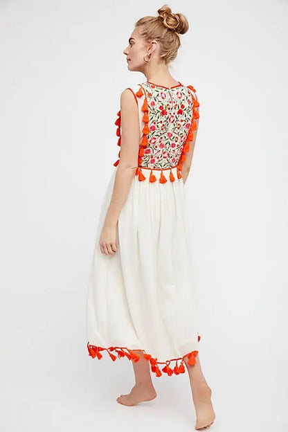 Bohemian Embroidered Floral Fringe Sleeveless Vest Dress null