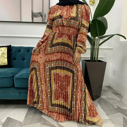 Muslim Dress With Printed Pleated Big Skirt null