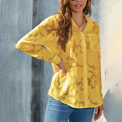 Womens Casual Sheer Button Down Shirts Long Sleeve V Neck Jacquard Blouses Tops null