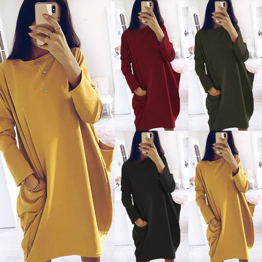 Hot style long-sleeved loose pocket dress null